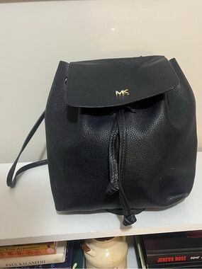 Michael Kors Dark Blue Pebbled Leather Drawstring Backpack with Gold MK Logo